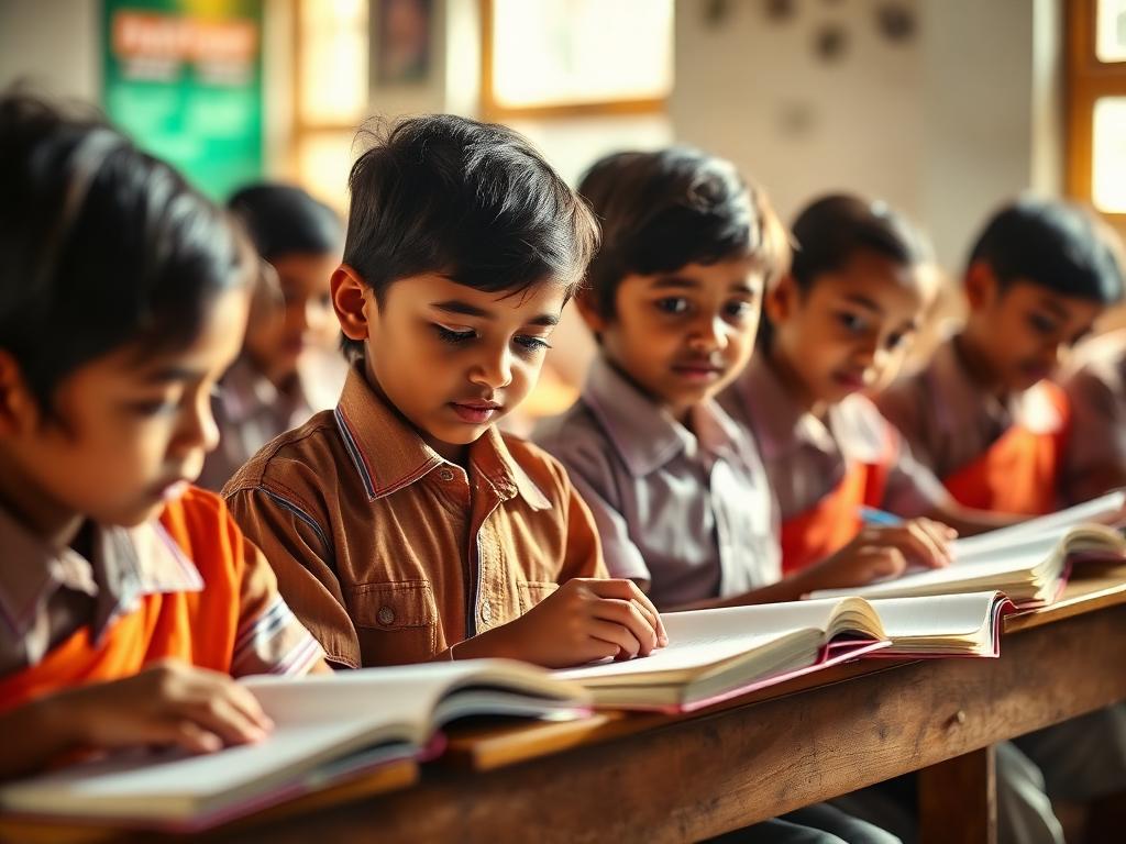 Schoolchildren studying with notebooks in a bright classroom