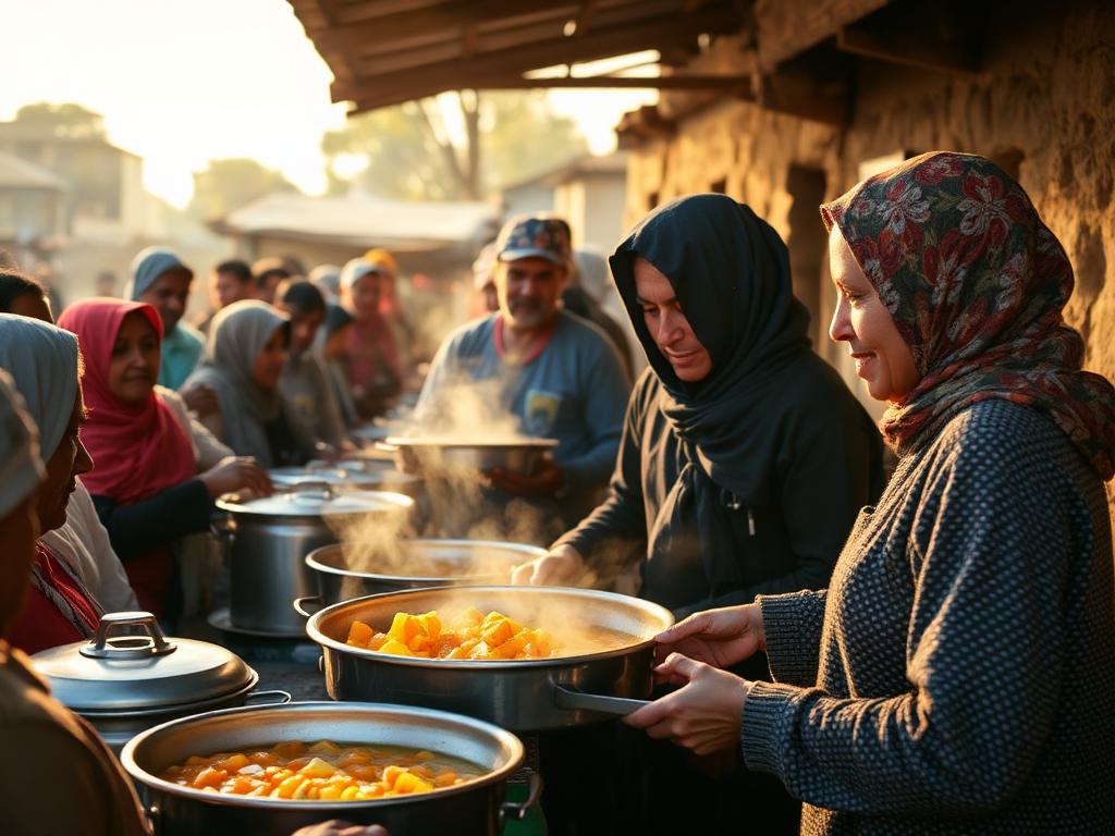 Volunteers serving hot meals from large vessels to villagers