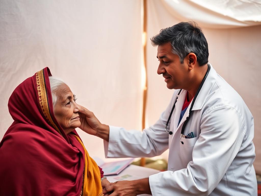 Doctor examining an elderly woman at a free village medical camp