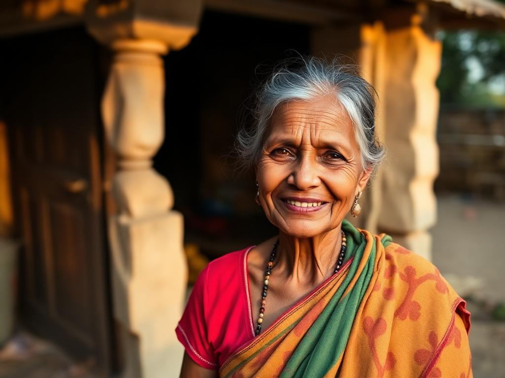 An elderly woman outside her repaired village home
