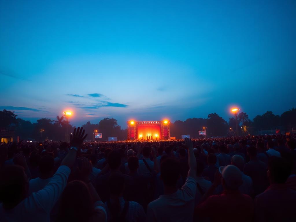 Crowd with raised hands at an open-air evening prayer gathering