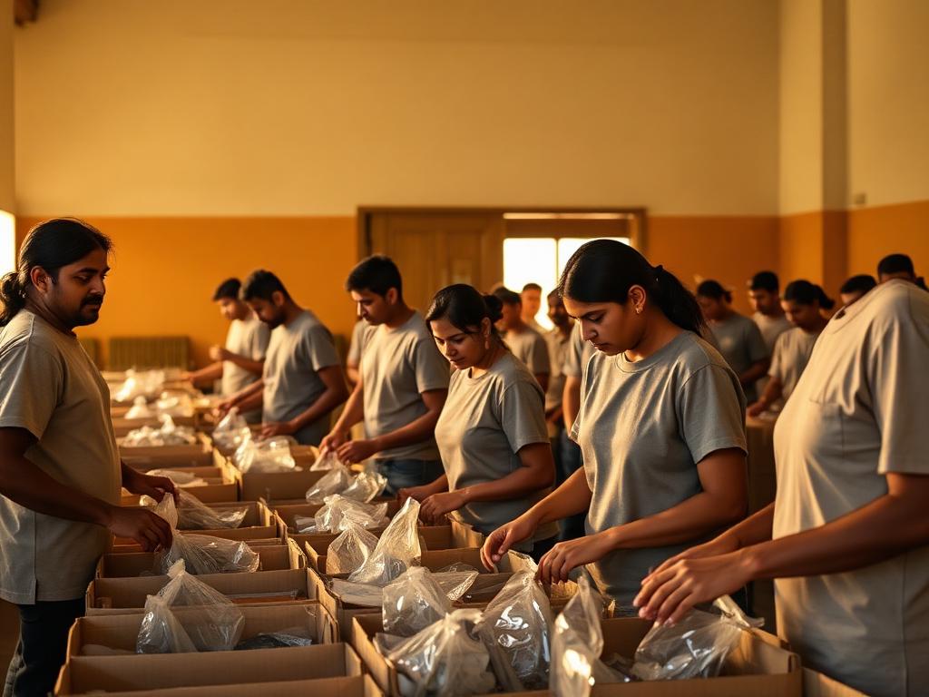 Volunteers packing grocery kits together in a community hall